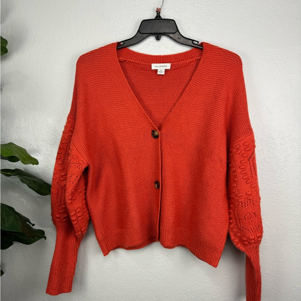 Calligraphie Orange Ribbed Knit Button Women's Bu… - image 2